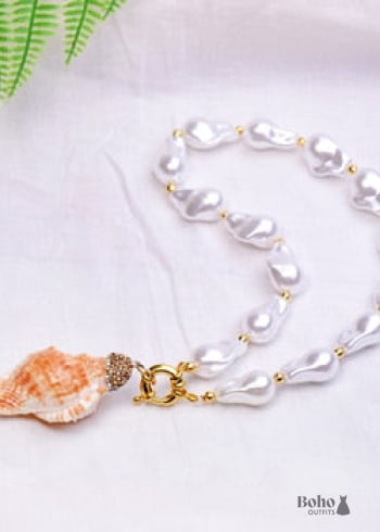 Boho Necklace, White Peal Sea Shell